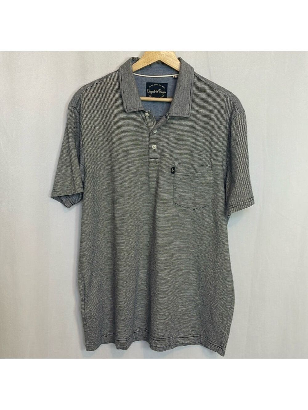 Original Penguin Men’s Polo Shirt Blue White Striped Short Sleeve Size L Casual